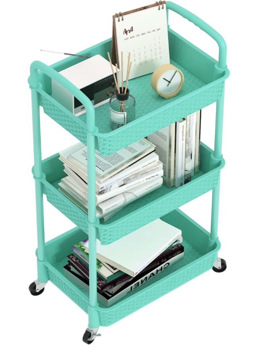 3-Tier Plastic Rolling Utility Cart with Handle,Turquoise
